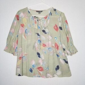 Sharagano Green Floral Blouse 3/4 Sleeves Pullover Women's Size Small